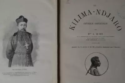 Inside cover of Mgr Le Roy's book 'Kilima-ndjaro' Inside cover of Mgr Le Roy's Kilima-ndjaro book with the author on the left-hand page and a silhouette of a local tribesman underneath the book's title on the right-hand page